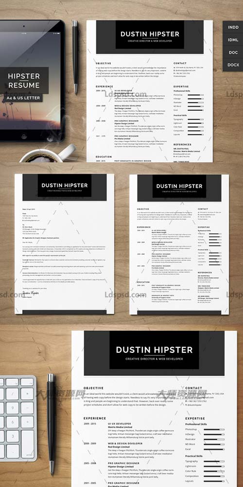 Resume CV Set - The Hipster,个人简历模板(INDD/DOCX/PSD)